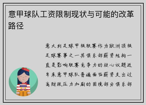 意甲球队工资限制现状与可能的改革路径