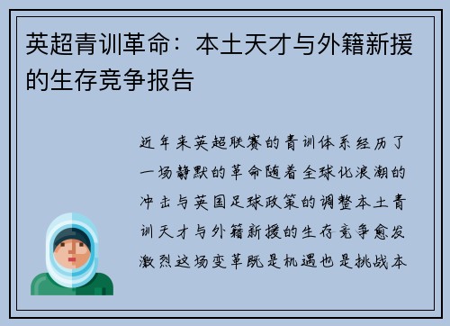 英超青训革命：本土天才与外籍新援的生存竞争报告